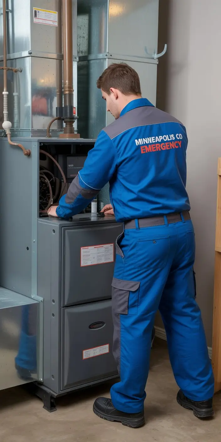Annual furnace maintenance in progress - Minneapolis CO Emergency technician at a furnace
