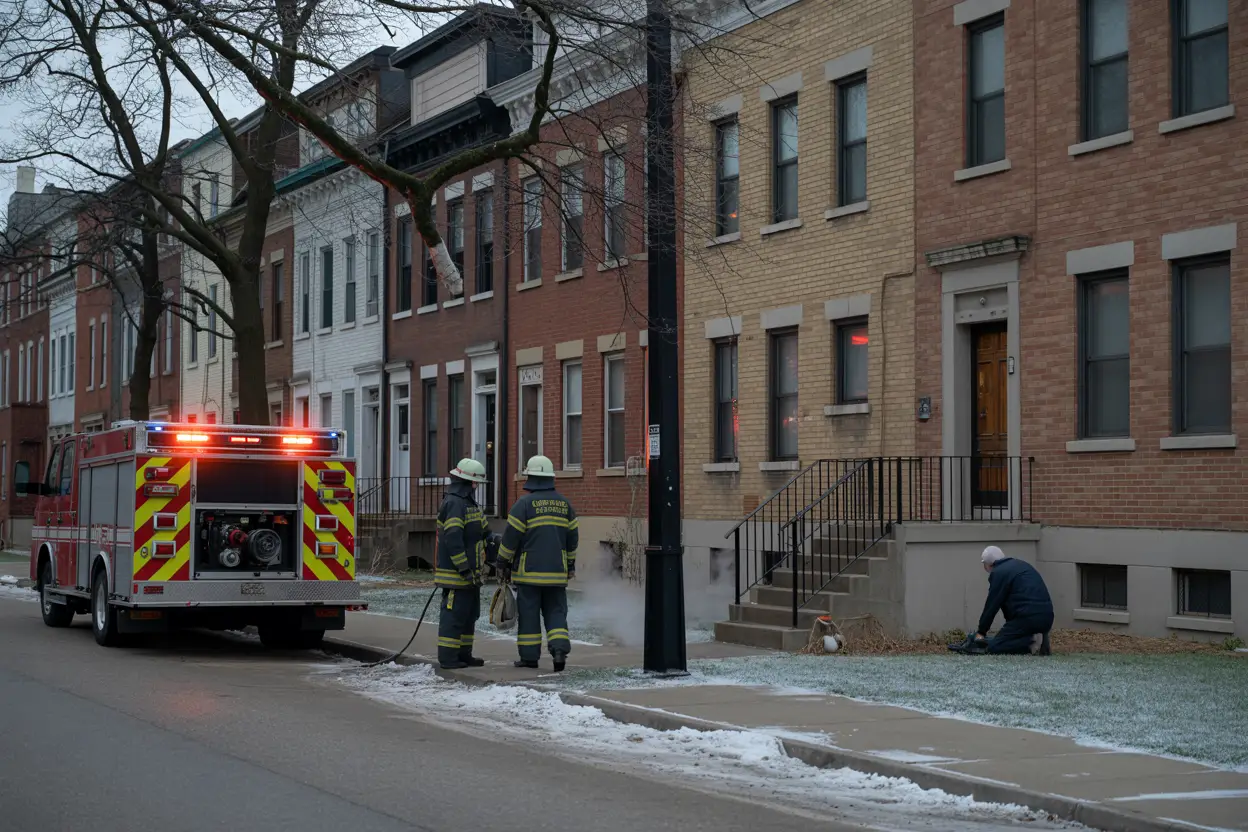 A quiet residential street in downtown Minneapolis on a gray winter morning; a row of brick apartment buildings with faint frost on the windows. A fire truck with softly flashing lights is parked at the curb. Firefighters in heavy gear stand near the entrance of one building, one holding a gas detector. A maintenance worker kneels beside a basement furnace vent in the background, with steam rising in the cold air. The scene is still, tense, and cold.