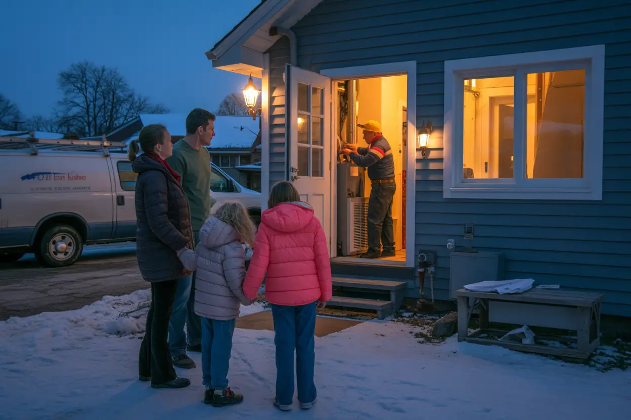 A family of four stands outside their cozy East Isles home on a chilly autumn evening, with a service van in the driveway and a uniformed technician inspecting a furnace through an open basement window; the parents look on with concern while the children, bundled in puffy jackets, hold hands amid golden indoor light contrasting against the cool blue dusk and visible wisps of breath.