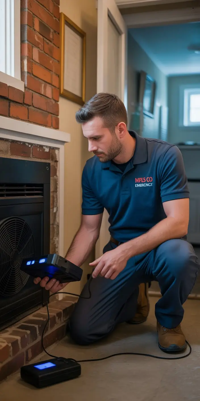 HVAC technician in MPLS CO Emergency uniform using digital carbon monoxide detector