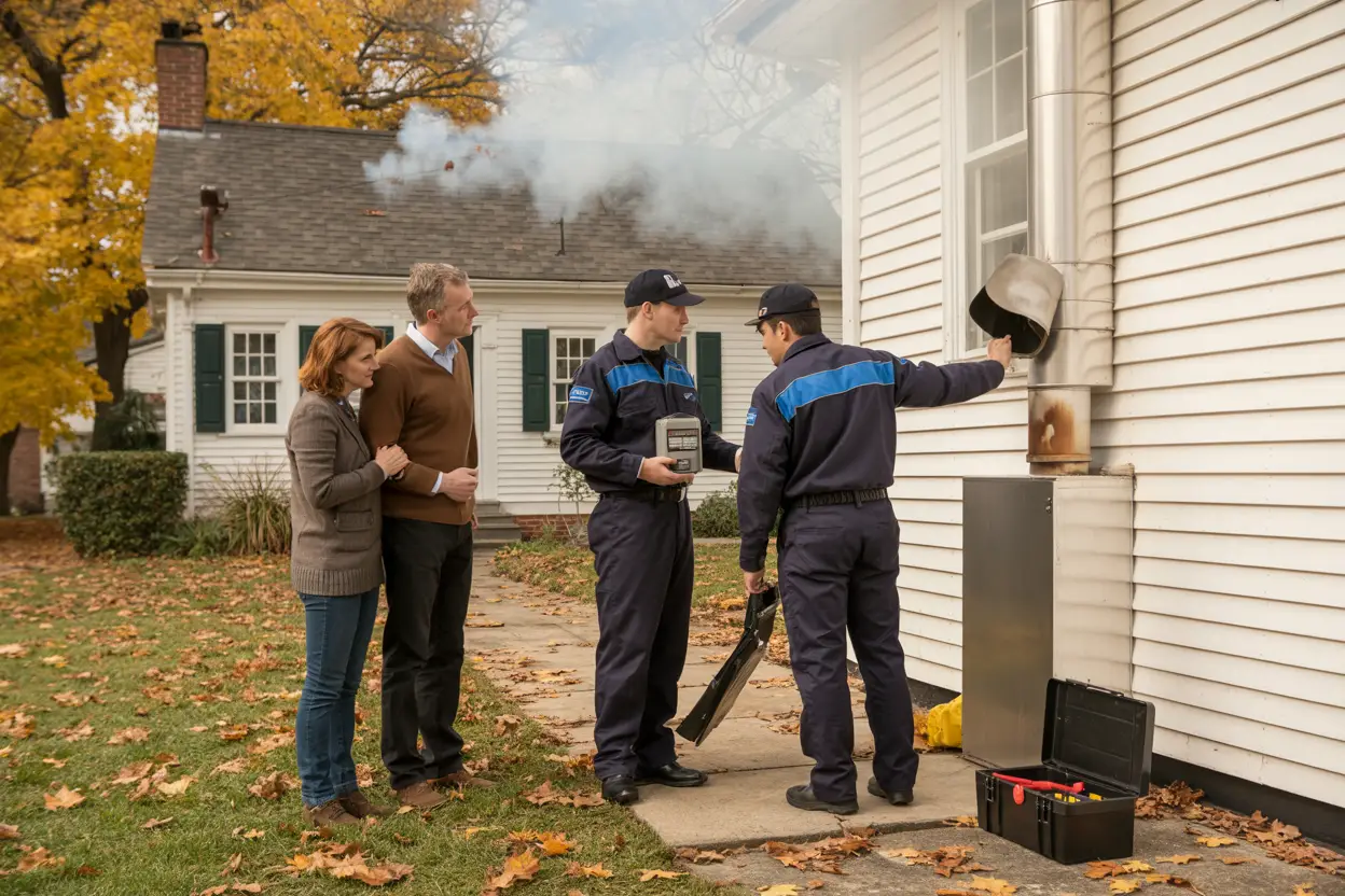 A worried couple stands outside a charming colonial-style home on a crisp autumn afternoon as two utility workers in navy uniforms inspect a furnace vent near the foundation. One holds a carbon monoxide detector while the other gestures toward the vent’s opening. Smoke rises gently from the chimney, fallen leaves cover the lawn, and an open toolbox beside them suggests fast, expert help in action.
