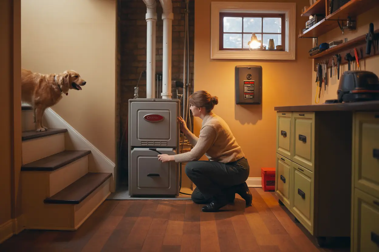 A cozy Loring Park home interior on a chilly day shows a homeowner kneeling beside a modern furnace in a tidy basement, checking a nearby carbon monoxide detector. Warm light filters through a small window, illuminating clean, organized tools on the wall, while a golden retriever quietly watches from the stairs.