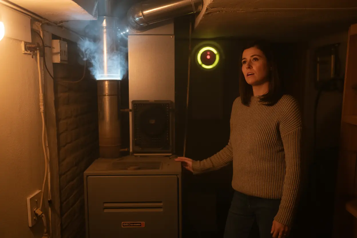 A concerned homeowner stands in a dimly lit basement next to an old furnace emitting a faint haze, suggesting a hidden danger. In the background, a carbon monoxide detector with a blinking light glows gently, while warm shadows underscore the seriousness of the scene.