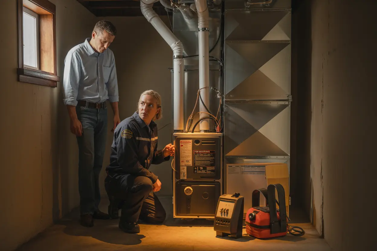 A concerned Marcy-Holmes resident stands beside a uniformed HVAC technician in a dimly lit basement. The technician kneels in front of an open furnace panel, illuminating pipes and wiring with a flashlight. A carbon monoxide detector sits on the concrete floor nearby, while tools and safety gear are neatly arranged. Warm sunlight filters through a small window, emphasizing the gravity of the situation.