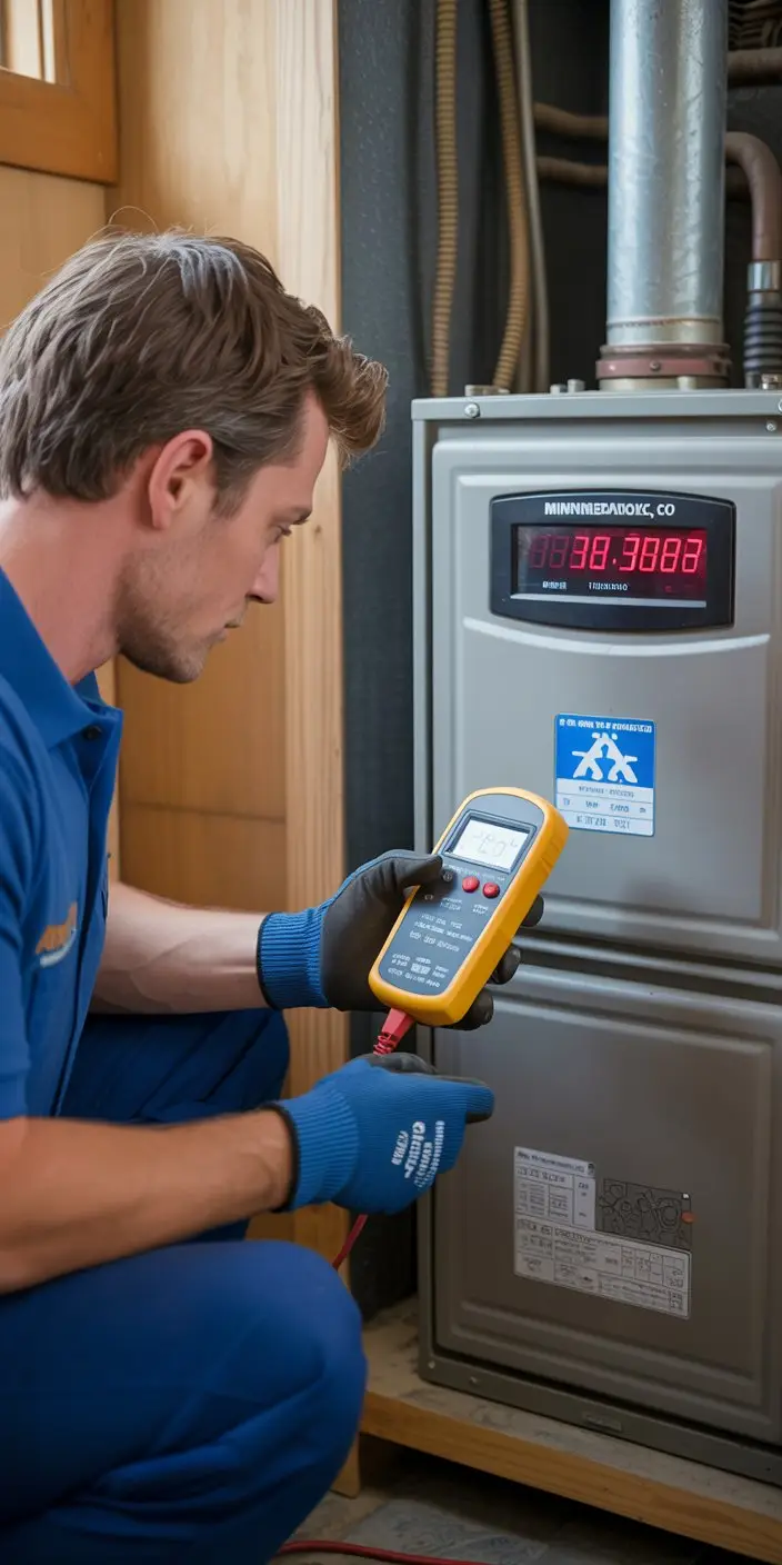 Minneapolis CO Emergency technician near a furnace, red warning readings on device display, focused work in residential basement.