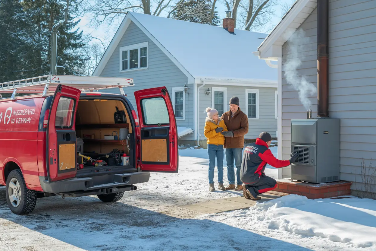 A cozy suburban home on a snowy winter morning with a red service van parked in the driveway. A friendly technician in a warm jacket kneels by the furnace intake vent, inspecting it carefully. Nearby, a bundled-up family—two parents and a young child—watch with smiles and gratitude. Frost clings to the windows, and smoke curls gently from the chimney, suggesting a warm interior.