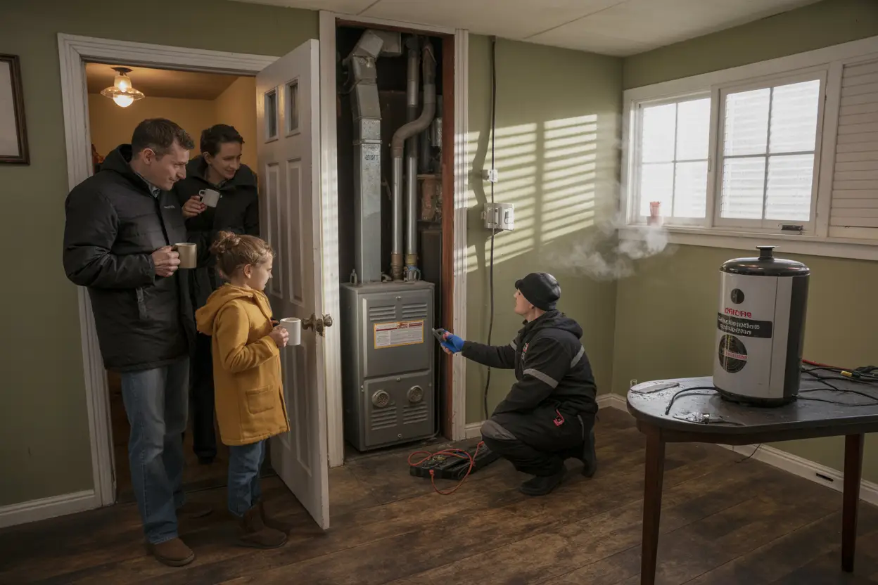 A family stands bundled in coats inside a modest North Minneapolis home, the father opening a basement door revealing an old furnace, while a technician kneels beside it with tools. A carbon monoxide detector rests prominently on a nearby table. Steam from hot mugs swirls in the cold air. Light filters through frosted windows, casting long shadows on the worn wooden floor.