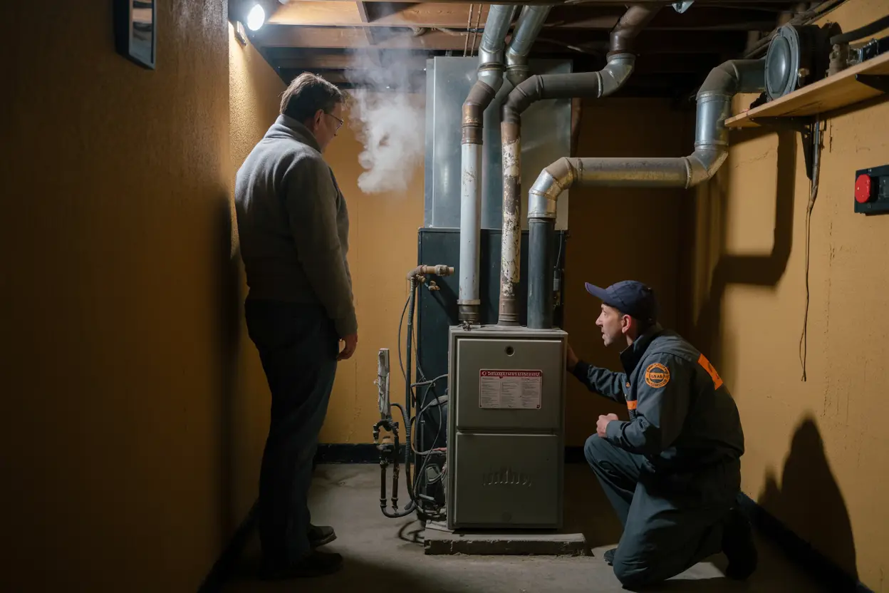 A concerned homeowner stands in a dimly lit basement in Northeast Minneapolis, staring at an old furnace with visible rust and cracked pipes. A carbon monoxide detector on the wall flashes red. A repair technician in uniform kneels beside the unit, examining it with a flashlight, while the homeowner watches anxiously. Thin wisps of vapor hang in the cold air, hinting at an invisible danger.