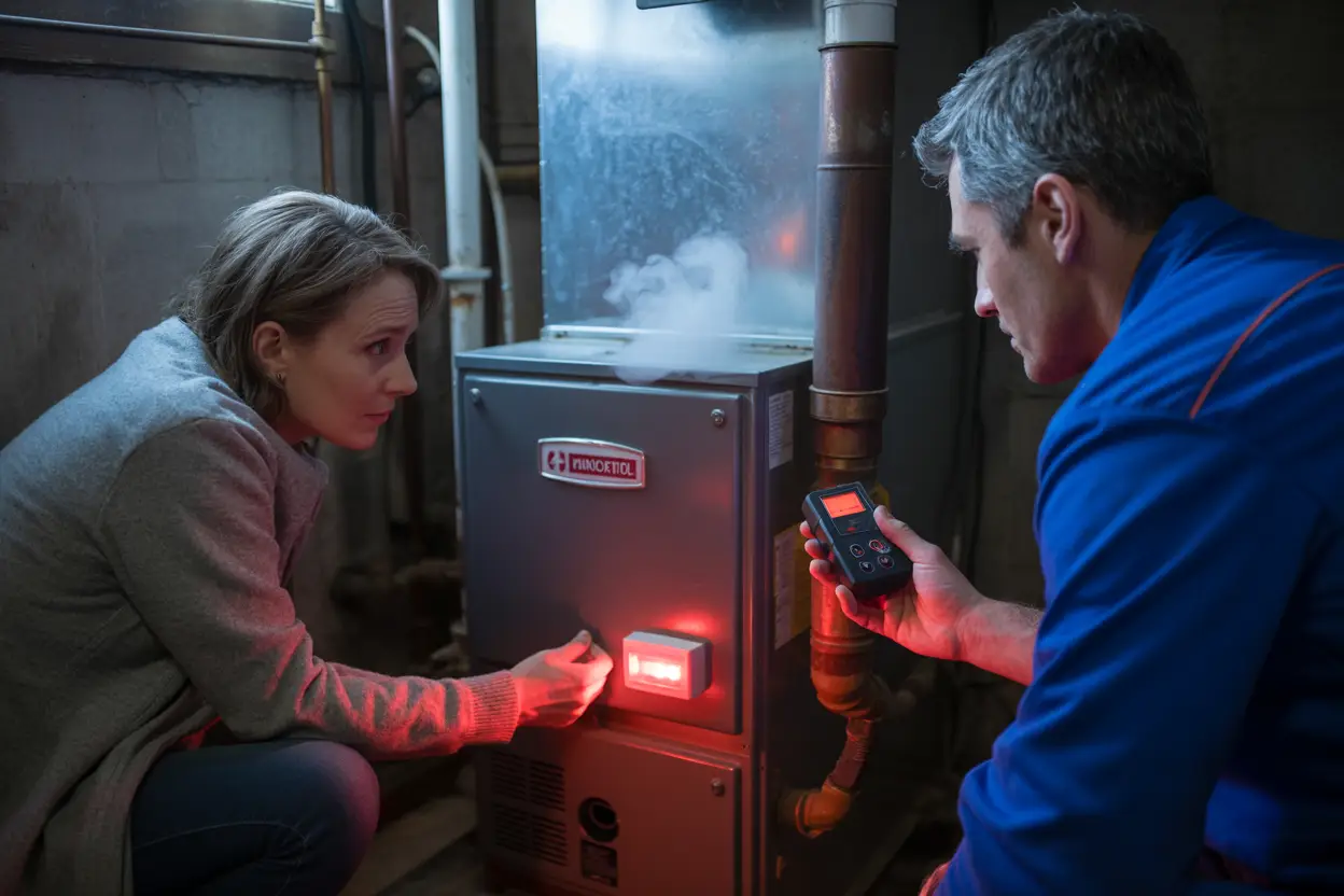 A worried homeowner kneels beside a basement furnace, examining a small carbon monoxide detector with glowing red lights. Dim lighting casts long shadows across exposed pipes and concrete walls. A technician in a blue uniform inspects the furnace, holding a diagnostic tool near a rusty vent pipe. Steam gently drifts from the unit, hinting at cold outdoor temperatures. The atmosphere is tense, with a sense of urgency and concern.