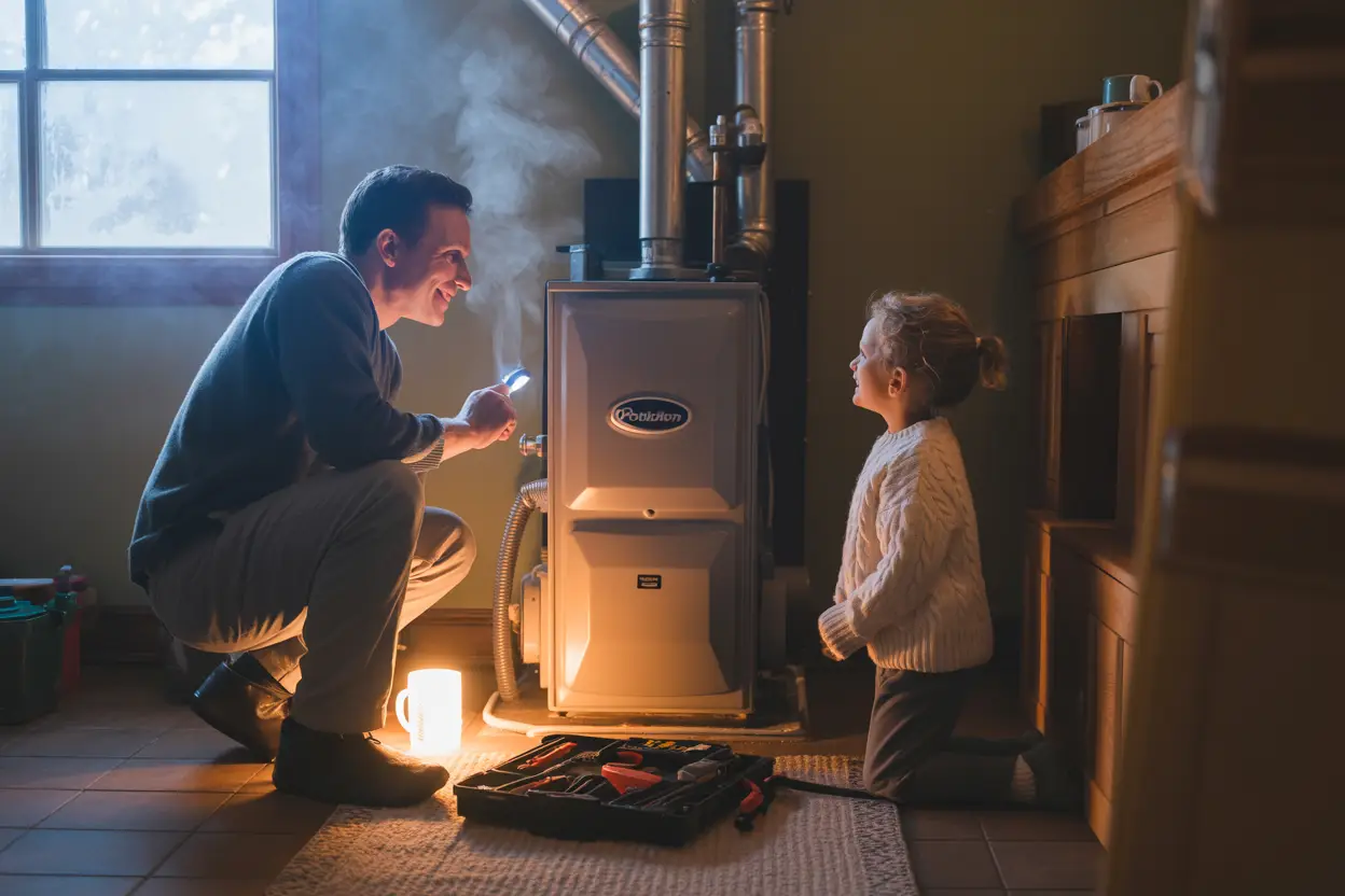 A friendly technician kneels beside a modern furnace in a cozy Powderhorn home, carefully inspecting pipes with a flashlight as a smiling parent and curious child watch nearby in warm sweaters; soft winter light filters through a frosted window, illuminating tools on the floor and steam rising from a nearby mug.