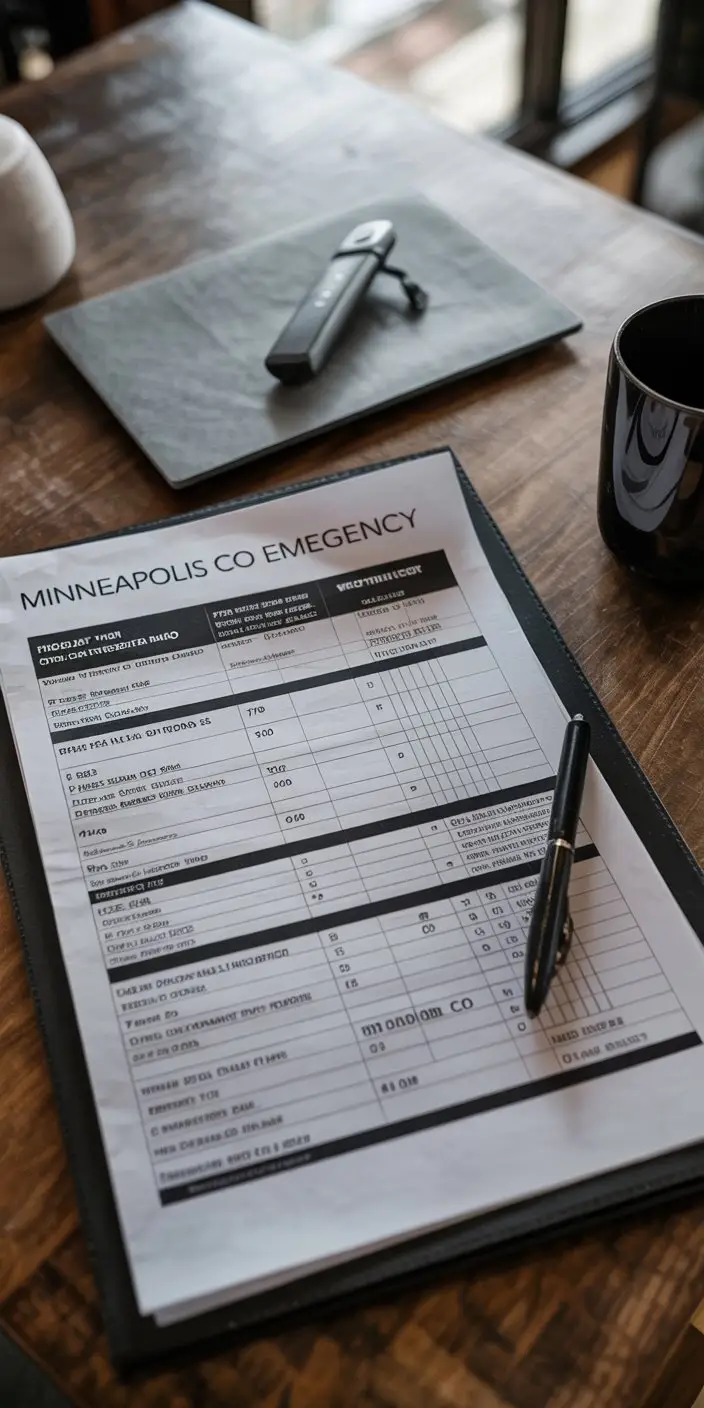 Professional estimate sheet titled Minneapolis CO Emergency