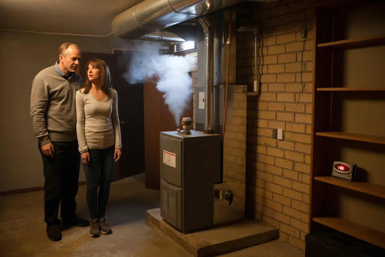 A middle-aged couple stands in the dimly lit basement of their South Minneapolis home, looking with concern at an old furnace unit where a faint wisp of steam or gas escapes near a rusty pipe. The worn concrete floor and exposed brick walls add to the tense atmosphere, while a CO detector with a blinking red light sits quietly on a nearby shelf, suggesting a possible carbon monoxide leak.