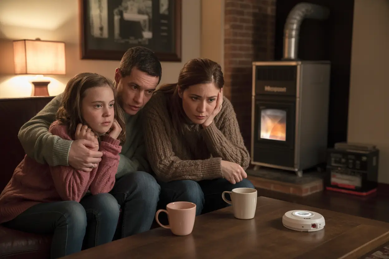 A concerned Southwest Minneapolis family gathers in their cozy living room on a chilly evening. The parents huddle with their children under a blanket, expressions tense as they glance toward an old, rumbling furnace in the corner. Soft lamplight casts warm shadows, contrasting with the cold awareness of an invisible danger. Steam rises from mugs on the coffee table, while a carbon monoxide detector with a blinking light sits quietly on a nearby shelf.