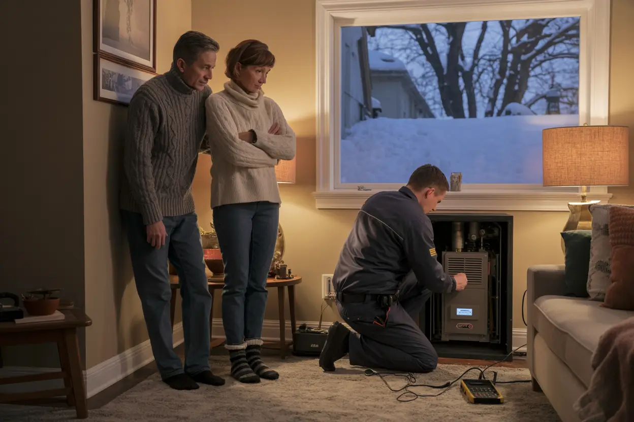 A middle-aged couple stands anxiously in a cozy Uptown Minneapolis living room, bundled in sweaters and thick socks. A technician in a navy uniform kneels beside a basement furnace, flashlight in hand, examining a carbon monoxide detector. Snow blankets the ground outside the window, with bare trees silhouetted against a gray winter sky. The room is softly lit by warm lamps, but there’s a palpable sense of unease in the air.