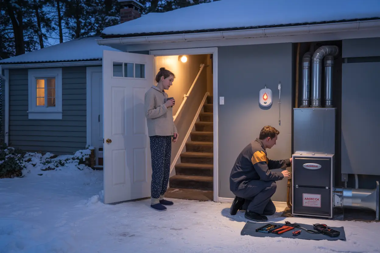 A cozy suburban Armatage home on a crisp winter evening with soft snow blanketing the roof and yard. A concerned homeowner in warm pajamas and slippers stands near an open basement door, peering anxiously down a narrow staircase dimly lit by a single overhead bulb. In the basement, a technician kneels beside a metal furnace, tools arranged neatly on a cloth, inspecting the unit with focused attention. A carbon monoxide detector with a blinking light is mounted on the wall, adding urgency to the tense atmosphere.