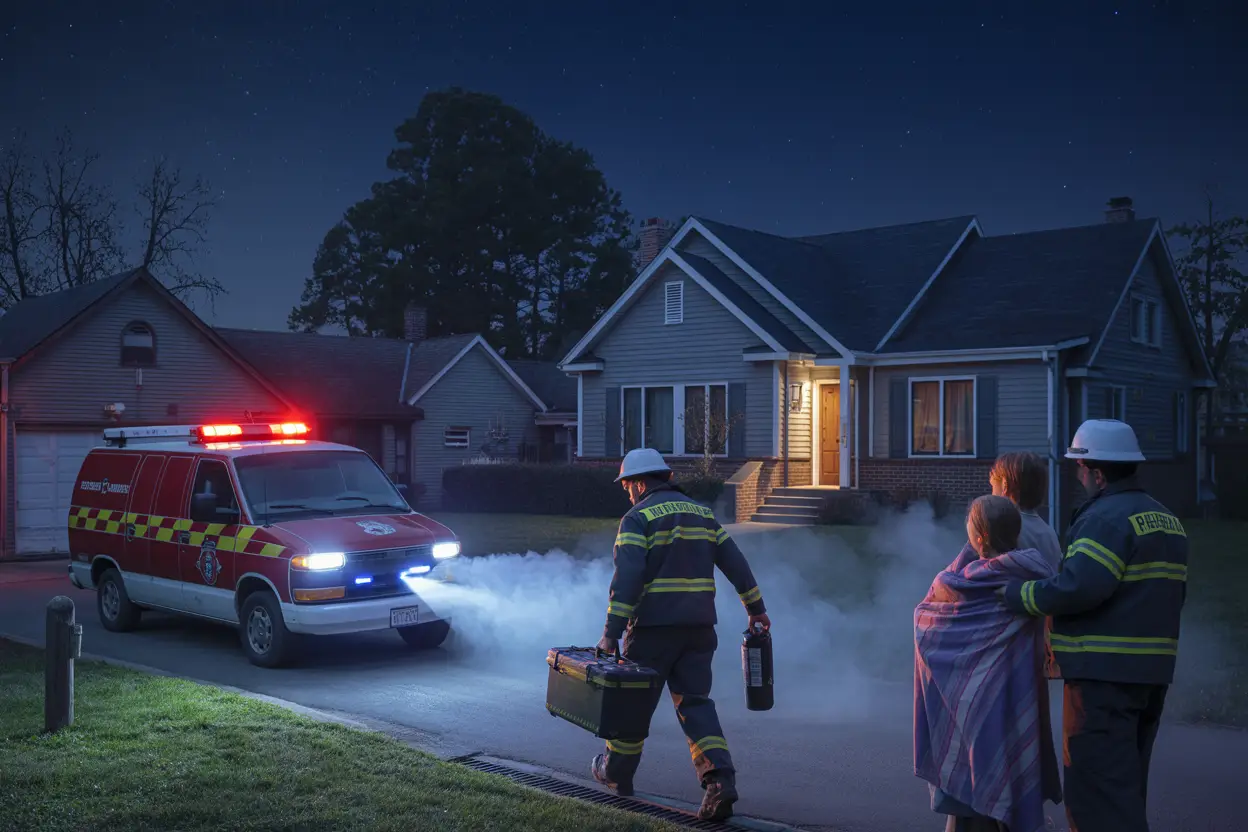 A dark suburban neighborhood under a starry sky, dimly lit by porch lights and streetlamps. A modern emergency van with flashing red and white lights pulls into a driveway. Two uniformed technicians in reflective gear hurry toward a house, carrying a carbon monoxide detector and equipment cases. A worried family waits at the door, wrapped in blankets, a soft glow from the house casting long shadows on the lawn. Breath fogs in the cold night air.
