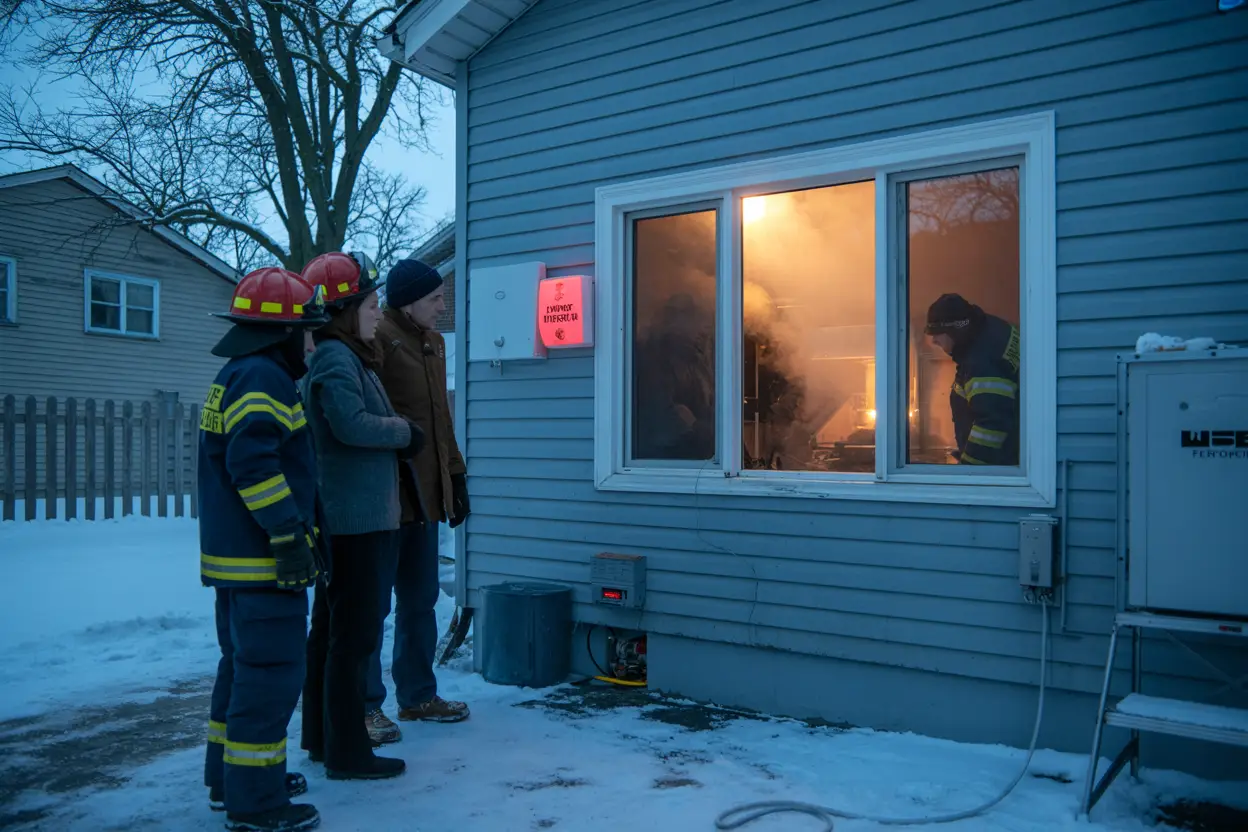 A worried family stands outside their snow-covered Minneapolis home as firefighters in full gear inspect the furnace through a basement window; a carbon monoxide detector with a glowing red light sits on a nearby windowsill under a pale blue late afternoon sky, with cold breath visible in the air in the quiet neighborhood.
