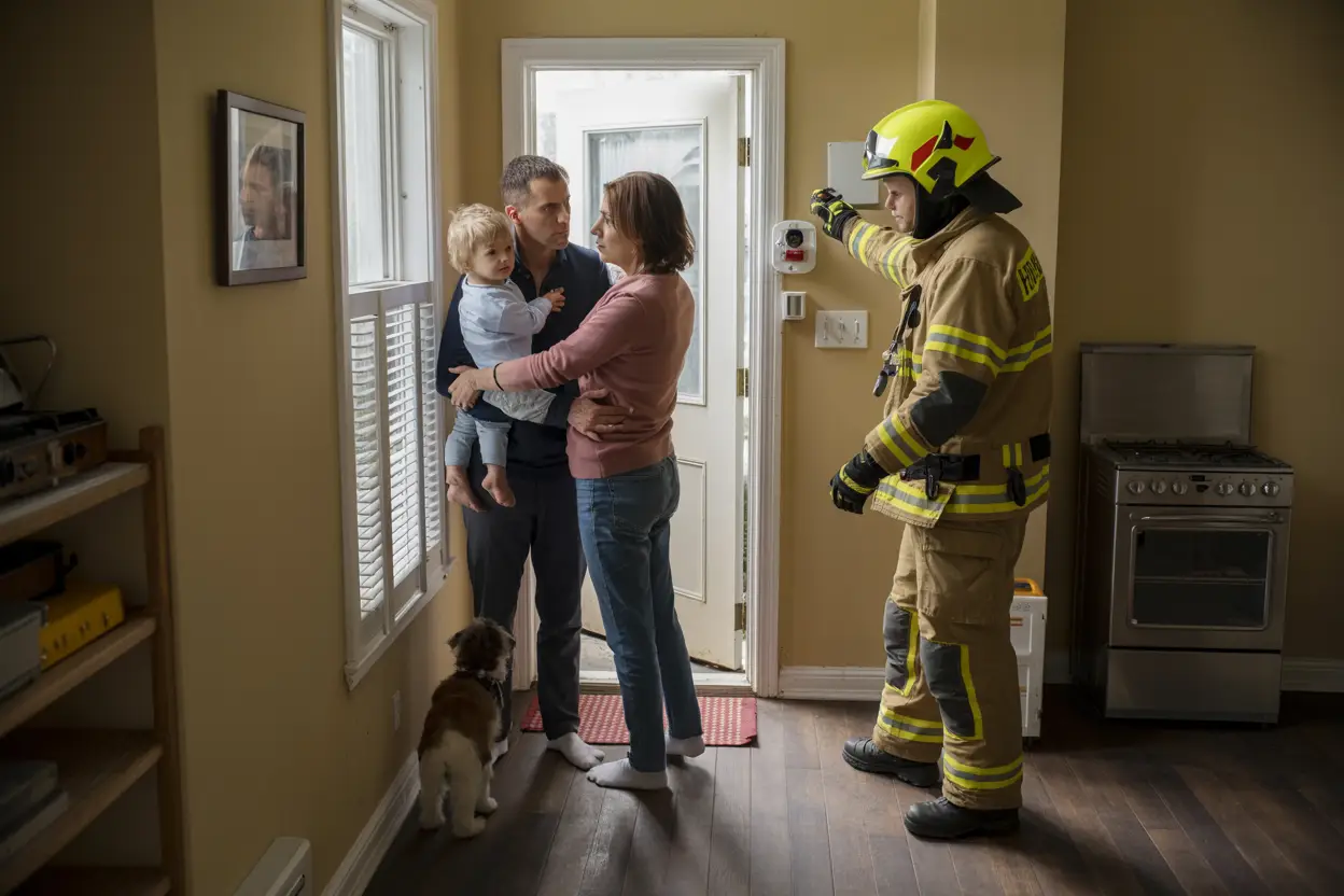 A worried family stands near an open window in a dimly lit living room, fresh air flowing in as a firefighter in full gear checks a carbon monoxide detector on the wall. A small child clings to a parent while a pet waits by the door. A gas stove in the background sits unused.