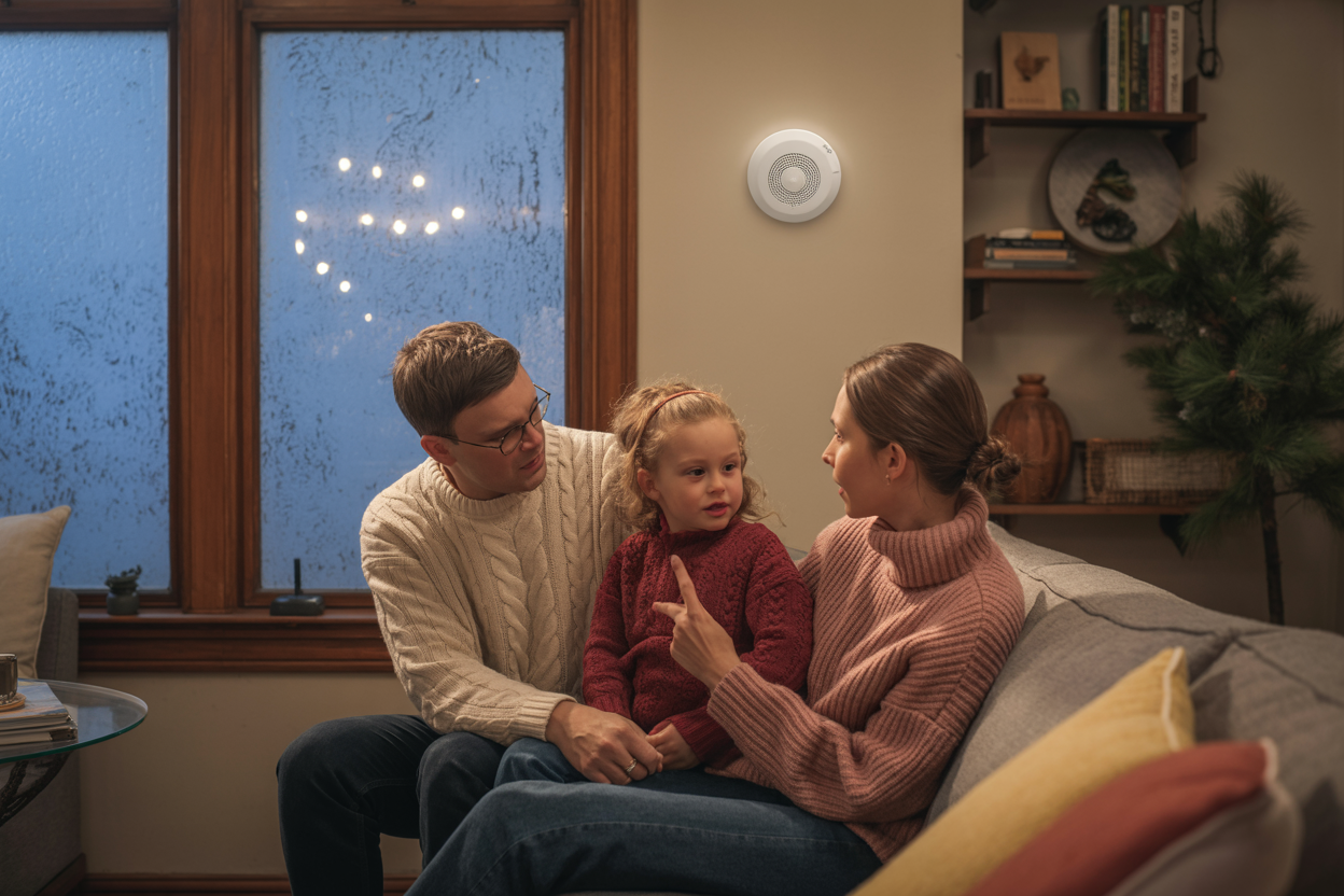 A cozy Minneapolis family bundled in warm sweaters sits together in their living room on a winter day, with snow visible through a frosted window. A carbon monoxide detector is clearly mounted high on the wall, softly glowing. A child gazes at it curiously while a parent gently explains its purpose, highlighting safety and awareness in a warm and homey setting.
