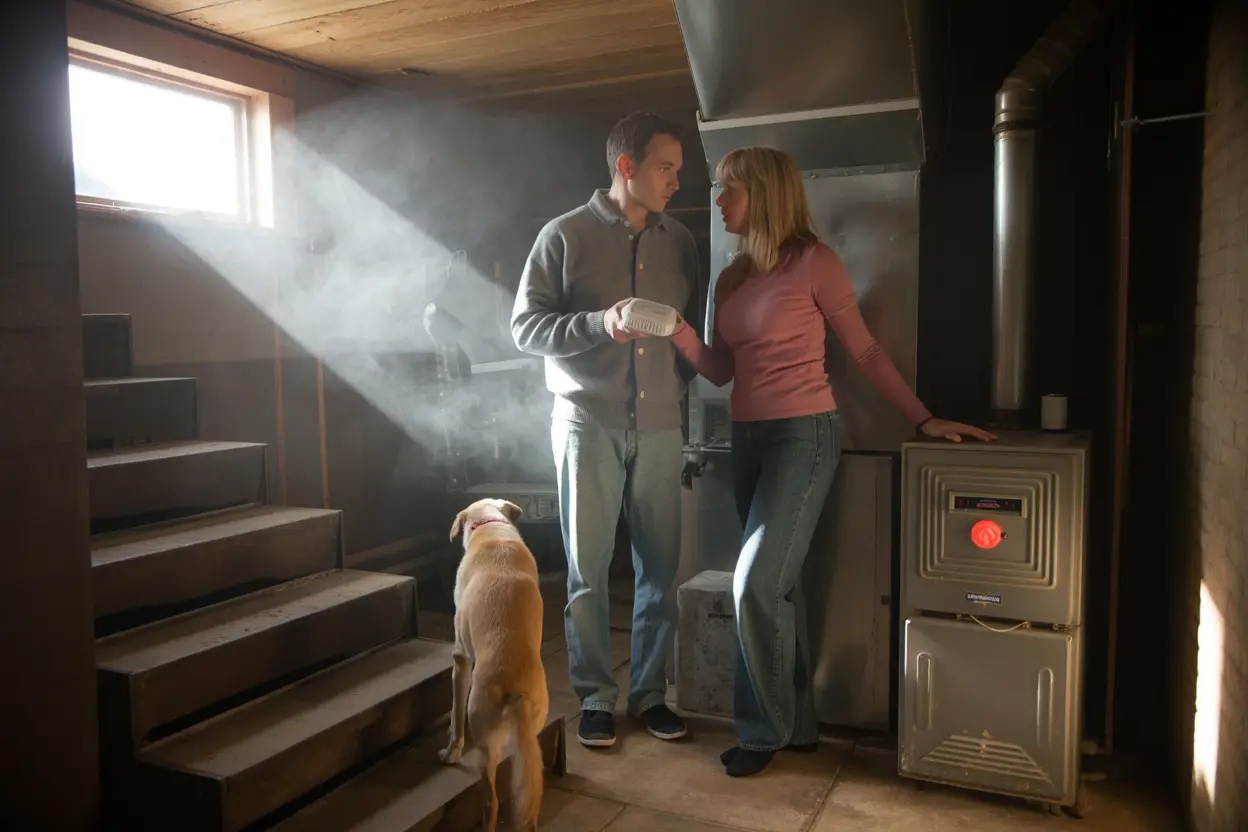 A concerned couple stands beside an old furnace in a dimly lit basement, one holding a red-blinking carbon monoxide detector. Soft light filters through a small window, casting long shadows and a faint haze in the air. A cautious dog waits near the stairs, reluctant to descend, contributing to the tense and alert atmosphere.