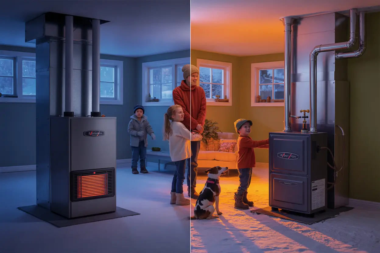A cozy Minnesota basement on a snowy evening, split into two sides: one side features a sleek electric furnace with glowing red coils and quiet operation, the other a gas furnace with visible pilot light and metal pipes venting outside. A family with kids and a dog stands between them, bathed in warm light, suggesting comfort and safety. Snow-covered windows in the background hint at the freezing temperatures outside.