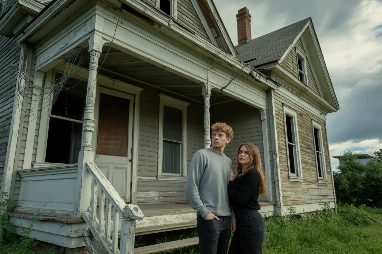 A young couple stands in front of a crumbling Victorian house, their expressions a mix of hope and concern. The porch sags visibly, paint peels from weather-worn siding, and overgrown weeds creep up the rotting steps. Exposed wires dangle near shattered windows, while a cracked chimney leans ominously. In the background, storm clouds gather, casting eerie shadows across the dilapidated structure.