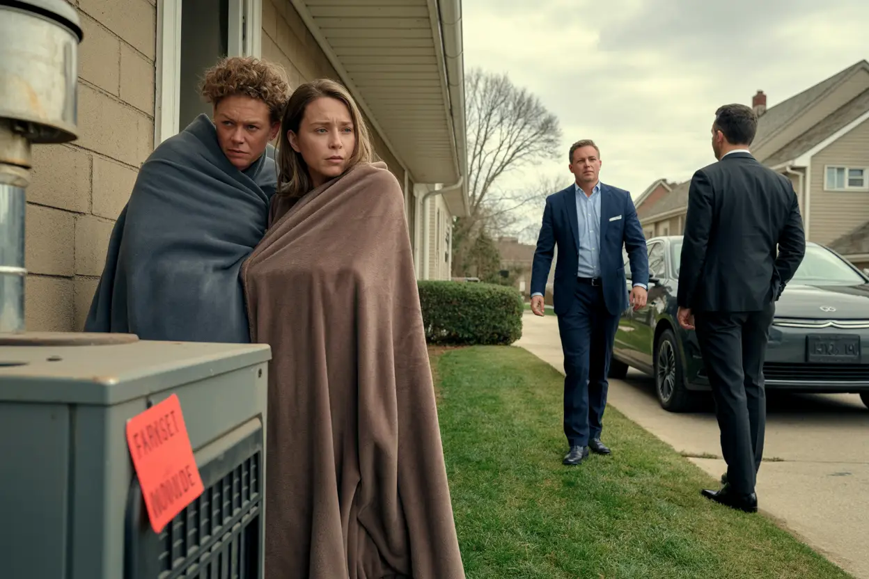 A weary family stands outside their modest home, wrapped in blankets with anxious, pale faces, suggesting recent distress. A red-tagged furnace in the foreground indicates a carbon monoxide leak. In contrast, two sharply dressed insurance agents walk away briskly toward a sleek car, ignoring the family. The overcast sky and quiet suburban street set a somber, realistic mood.