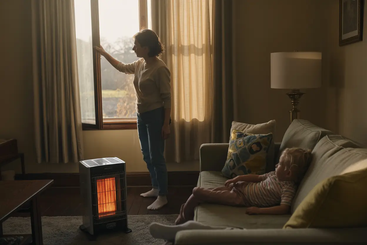 A worried mother opens a window in a dimly lit living room while her child lies drowsy on a nearby couch; a faintly glowing space heater sits in the corner, with weak sunlight filtering through heavy curtains, casting soft shadows that suggest a quiet but dangerous presence.