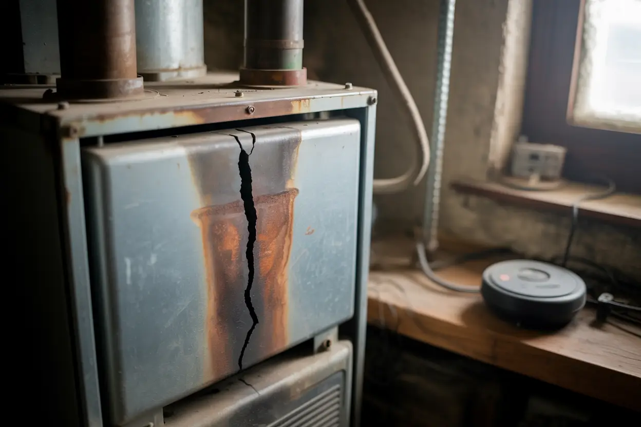 A close-up of an old, dusty furnace in a dimly lit basement, featuring a cracked heat exchanger on the metal surface; soft light filters through a nearby window, accentuating rust, corrosion, and soot stains, while a silent carbon monoxide detector rests on a shelf.