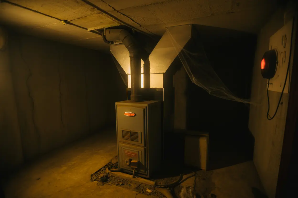 A dimly lit basement featuring an old, rusted furnace at its center, surrounded by cobwebs and heavy dust; an eerie glow seeps from nearby vents while a carbon monoxide detector with a blinking red light is mounted on the wall, casting ominous shadows across cracked concrete surfaces, suggesting hidden danger.