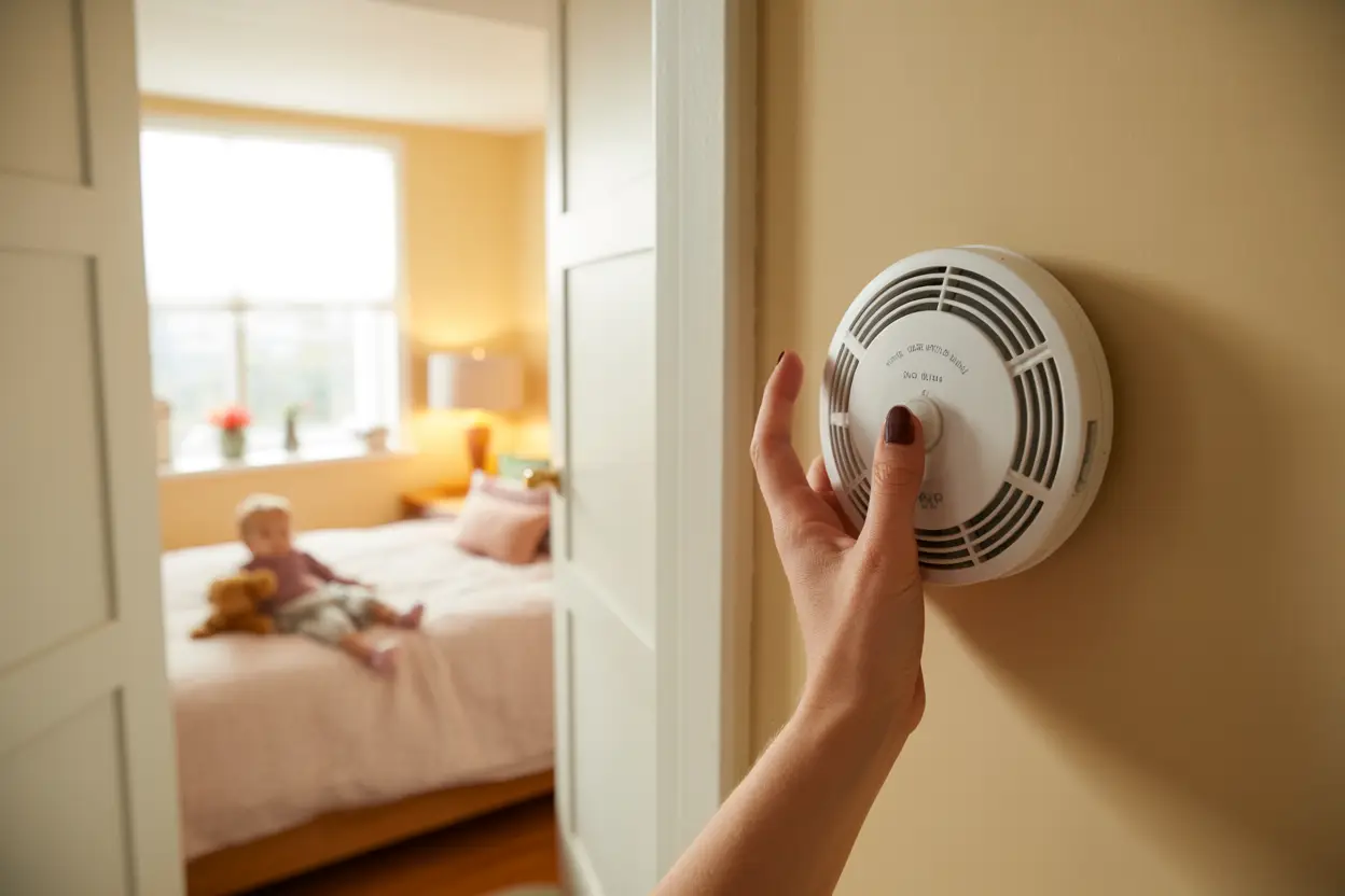 A cozy family home interior featuring a carbon monoxide detector mounted on the wall just outside a bedroom door. Soft morning light streams through a nearby window, illuminating a child's bed with a teddy bear visible through the open door. A parent's hand gently closes the safety cover on the detector, symbolizing care and protection.