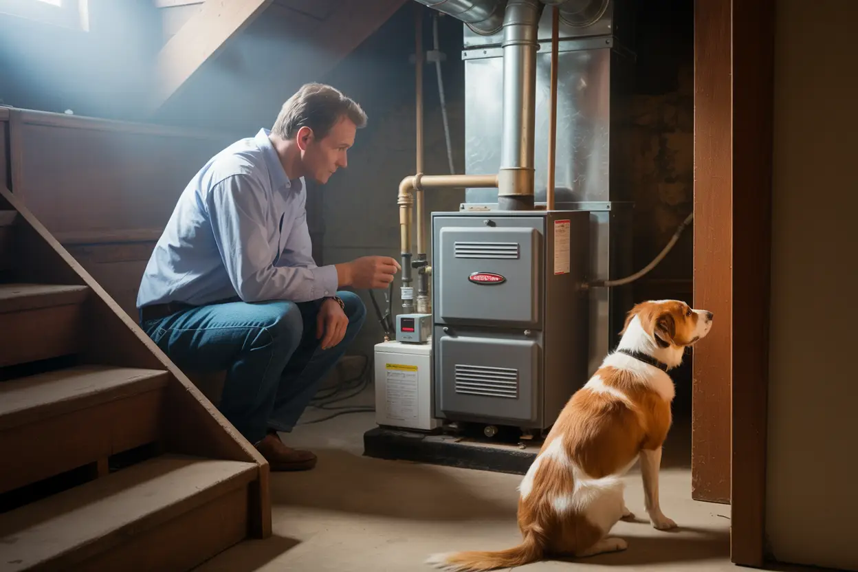 A concerned Linden Hills homeowner kneels beside a basement furnace, examining a carbon monoxide detector with a furrowed brow; dim lighting casts shadows on metallic surfaces and utility pipes, with a faint haze in the air suggesting poor ventilation while a nervous dog watches from the stairs.