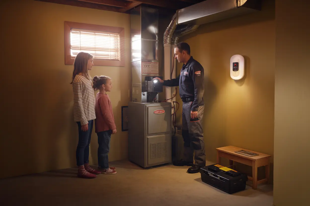 A family in a cozy Whittier home stands near a basement furnace as a uniformed technician inspects it with a flashlight; a glowing carbon monoxide detector on the wall and warm morning light filtering through a window create a safe, cared-for atmosphere in the clean, organized space.