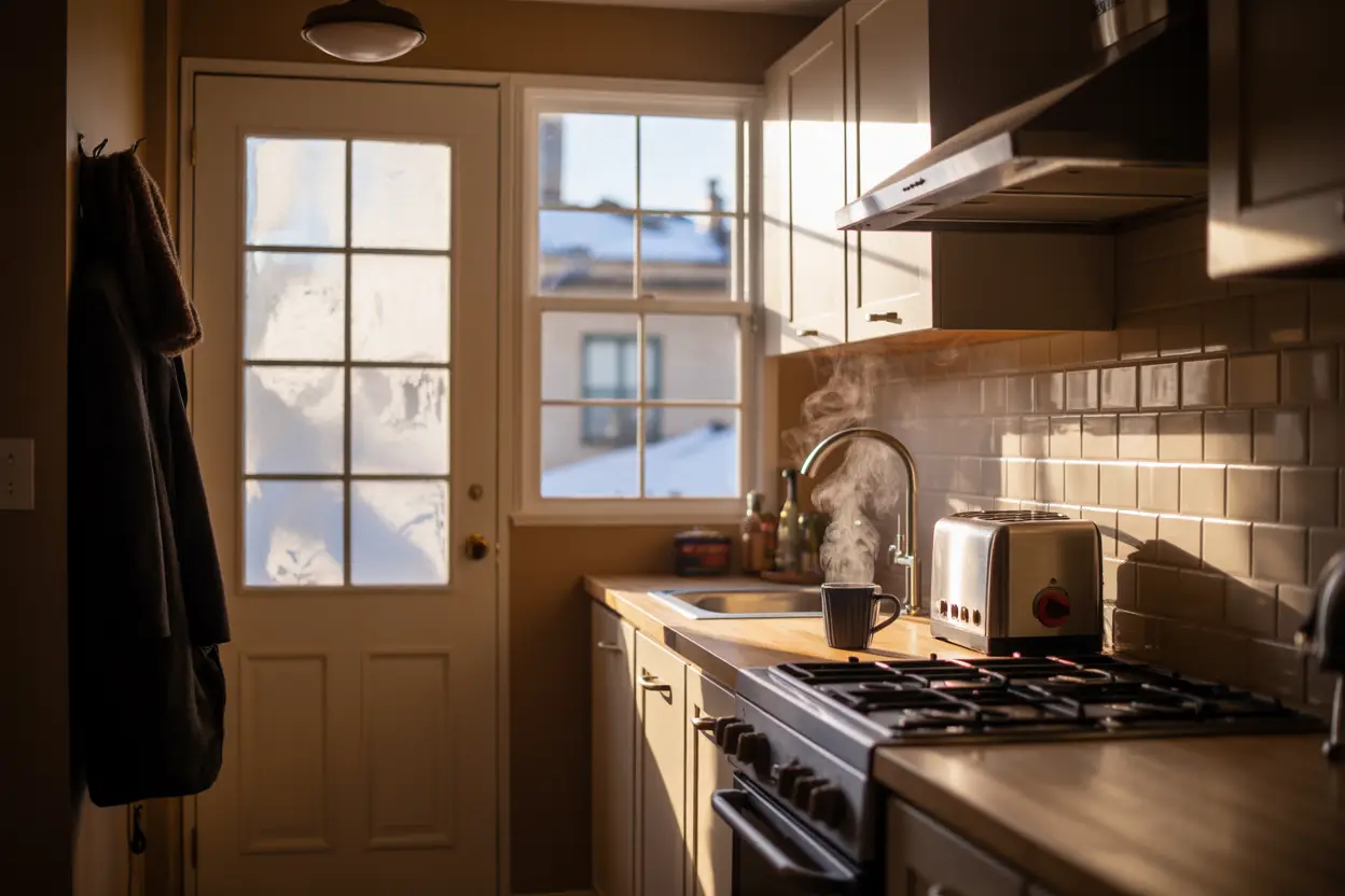 A cozy Minneapolis apartment kitchen on a winter morning, with soft sunlight filtering through frosted windows, a carbon monoxide detector mounted above a sleek gas stove, a steaming coffee mug on the counter beside a toaster, a heavy coat hanging by the door, and snow-covered rooftops visible outside, emphasizing seasonal ambiance and indoor safety.
