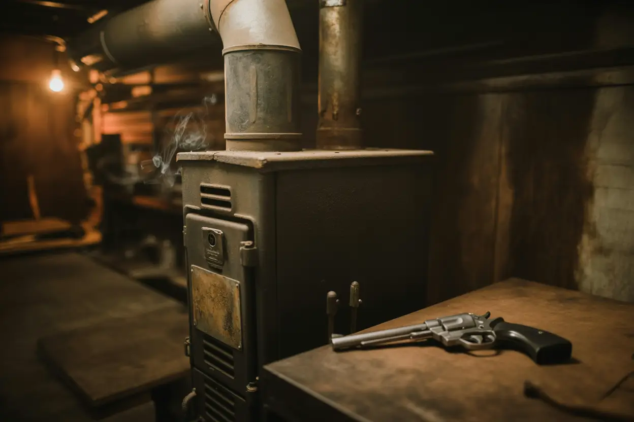 A dimly lit basement with an old, cracked furnace at the center emitting faint smoke, a revolver resting on a workbench nearby, stained walls, and a single exposed bulb casting dramatic shadows that evoke a tense, foreboding atmosphere.