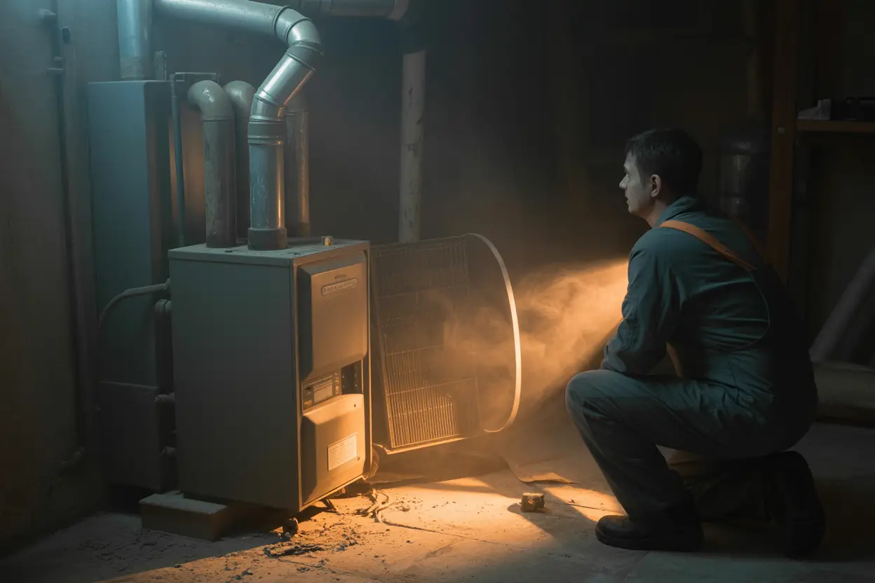 A dimly lit basement with a rusty furnace in the corner, cobweb-covered pipes dripping with condensation, as a man in work overalls kneels beside the corroded unit, illuminating invisible gas wisps with his flashlight amid swirling dust particles—creating a tense, foreboding atmosphere.