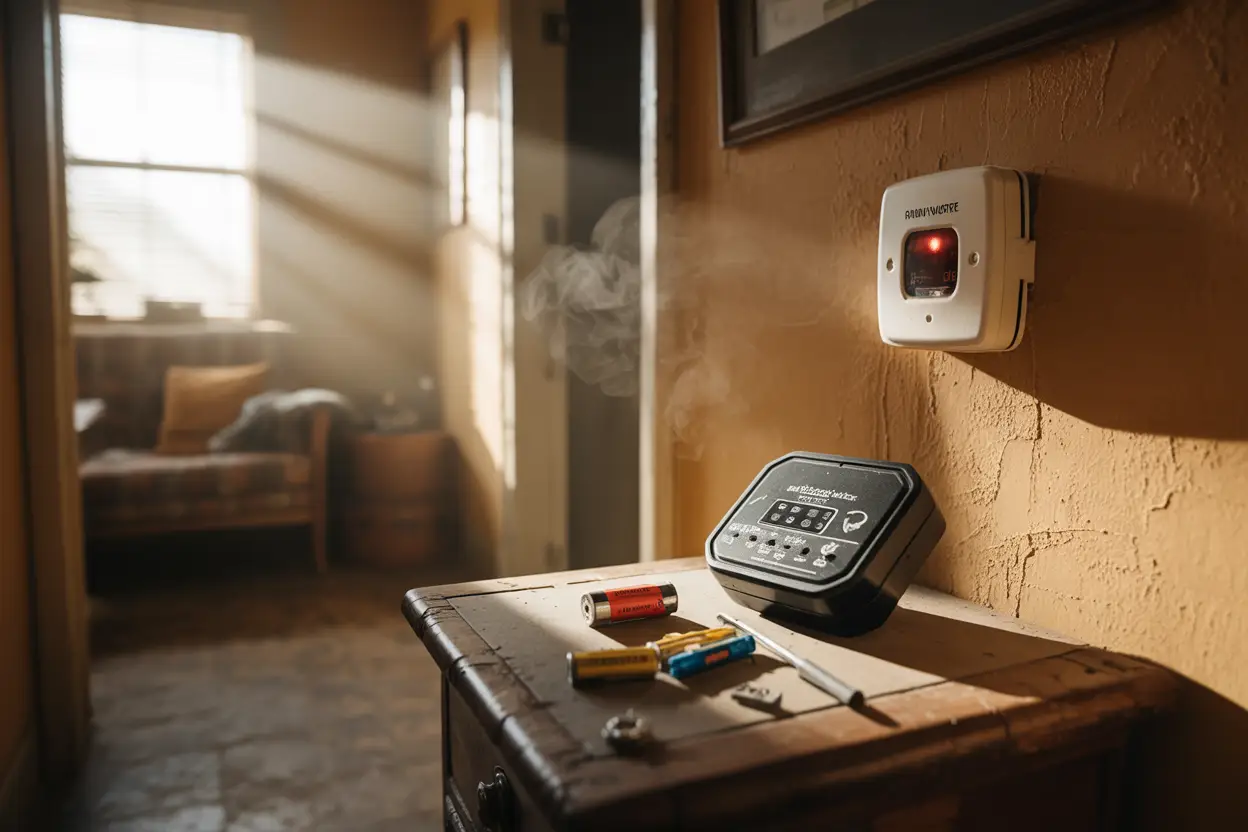 A dimly lit hallway in a modest home illuminated by soft morning light through a nearby window shows a carbon monoxide detector lying open on a worn wooden table with an exposed battery compartment, surrounded by scattered AA batteries and a small screwdriver; a second detector on the wall blinks red as dust motes drift in the still air, creating a quiet sense of urgency.
