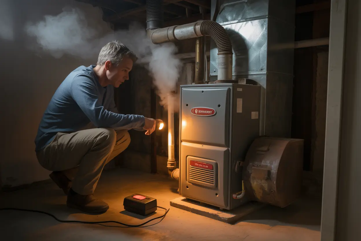 A concerned homeowner kneels beside a malfunctioning gas furnace in a dimly lit basement, inspecting the unit with a flashlight. A red-lit carbon monoxide detector lies on the floor, while condensation wisps rise from a cracked exhaust pipe and rusted components suggest poor maintenance, creating a tense, quiet atmosphere.
