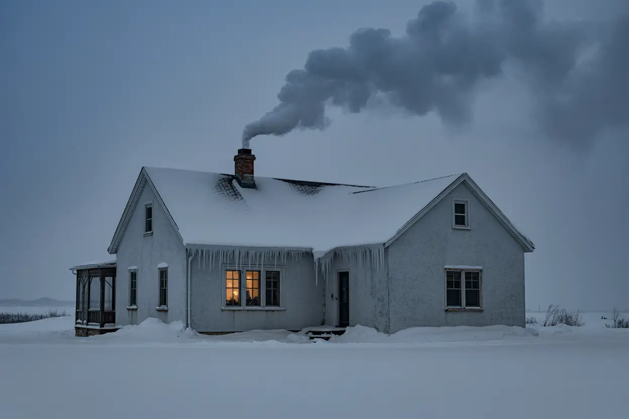 A snow-covered Minnesota home sits quiet under a gray winter sky, its windows tightly shut and chimney gently steaming. Icy frost clings to the edges of the roof, while smoke curls into the still, frigid air. A faint glow from inside hints at warmth, contrasting with the cold, silent landscape outside.