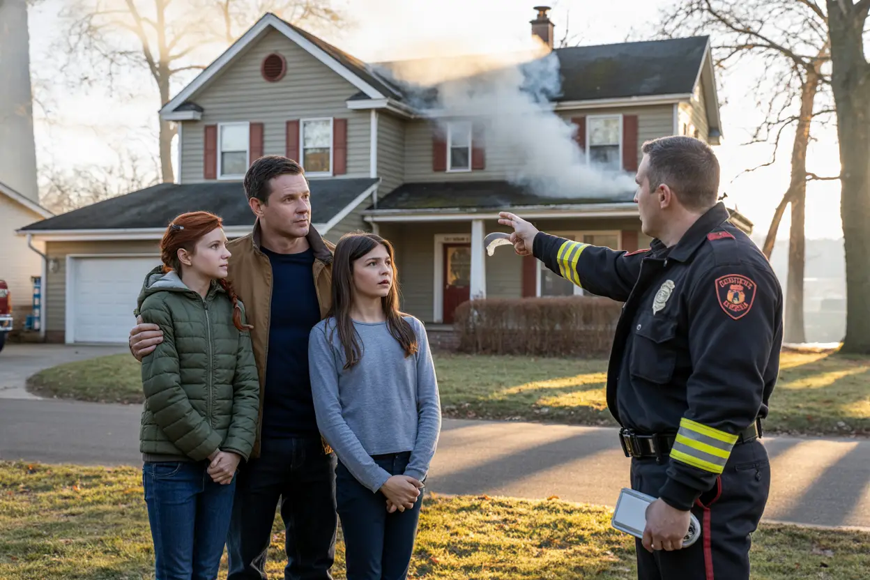 A concerned family stands on their front porch beside a uniformed emergency responder, who holds a carbon monoxide detector and gestures toward a basement vent, with a thin plume of smoke rising from the chimney of their two-story suburban home in early morning light, as a fire truck is discreetly parked at the curb.