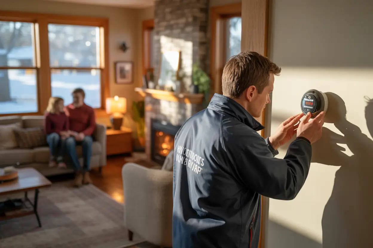 A cozy Minneapolis home in winter with snow-covered roof and yard; a warmly dressed technician checks a carbon monoxide detector on a living room wall, while a softly glowing fireplace warms a relaxed family nearby, with sunlight filtering through frosted windows for a peaceful ambiance.