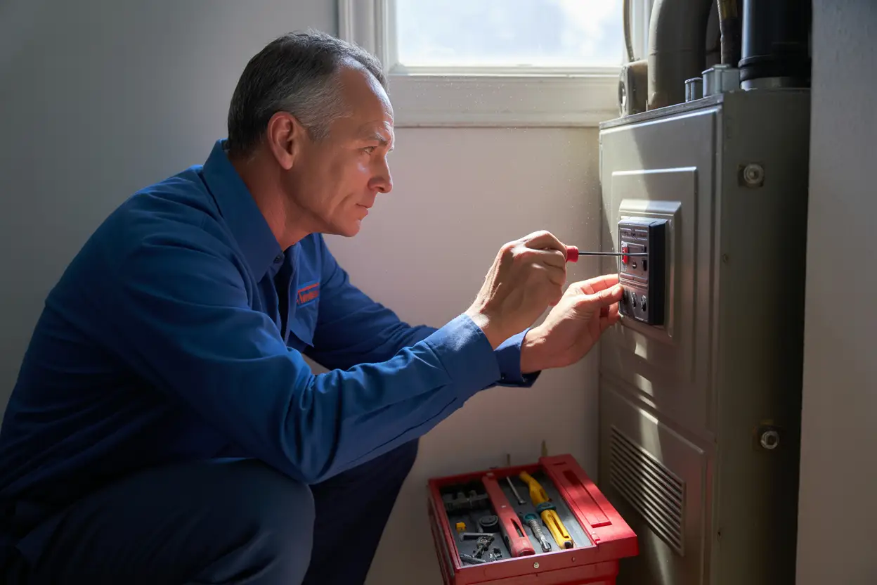 A middle-aged technician in a navy-blue uniform kneeling beside a basement furnace, carefully inspecting a wall-mounted carbon monoxide detector with a screwdriver, as soft natural light filters through a small window, illuminating floating dust and highlighting his focused expression, with a red toolbox open nearby displaying neatly arranged tools in a calm, tidy setting.