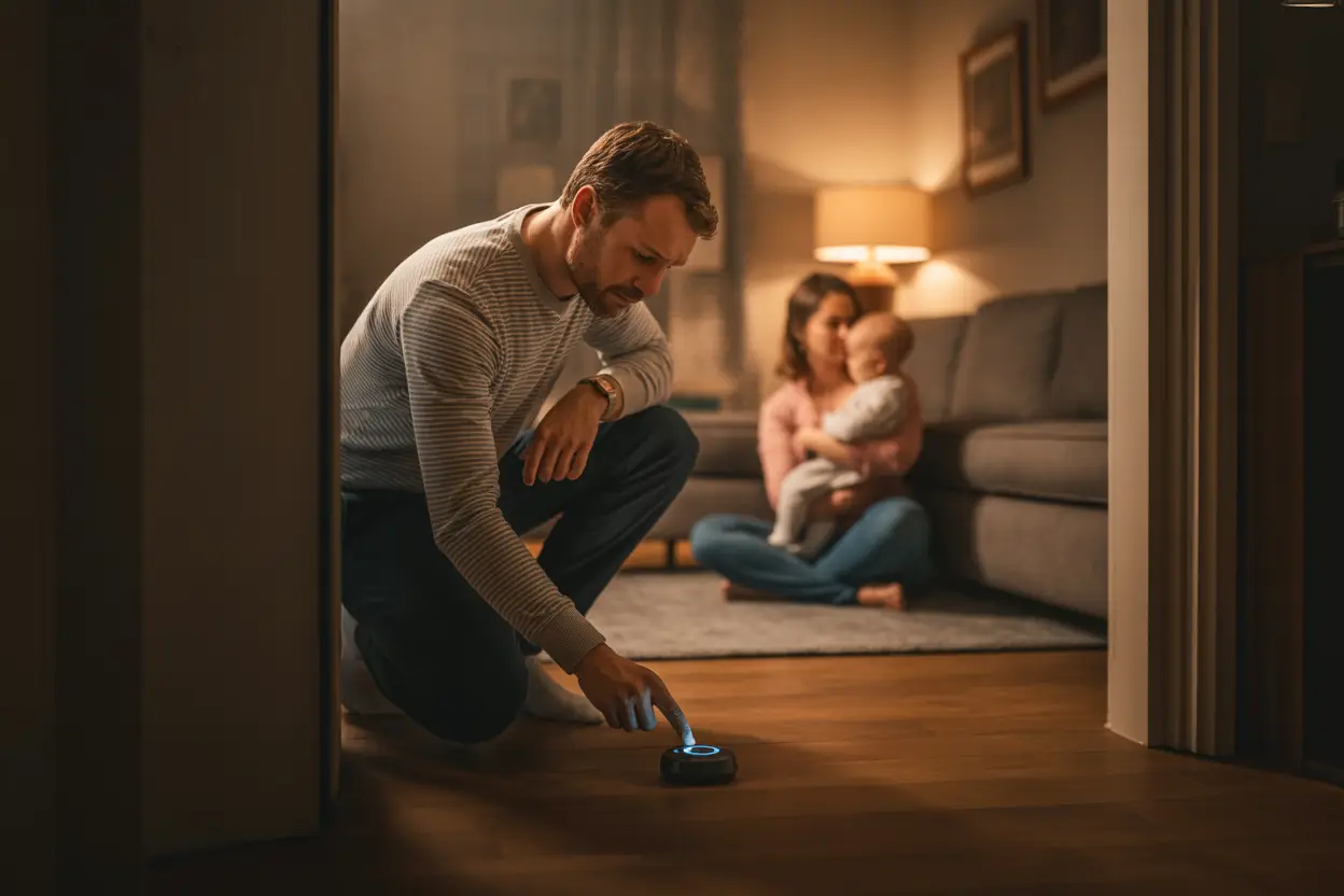 A worried father kneels beside a carbon monoxide detector in a dimly lit hallway, pressing the test button. Behind him, a cozy living room glows softly where his partner cradles a sleeping baby. Shadows suggest the quiet of early morning. The scene is calm yet serious, emphasizing the life-saving importance of the small detector device.